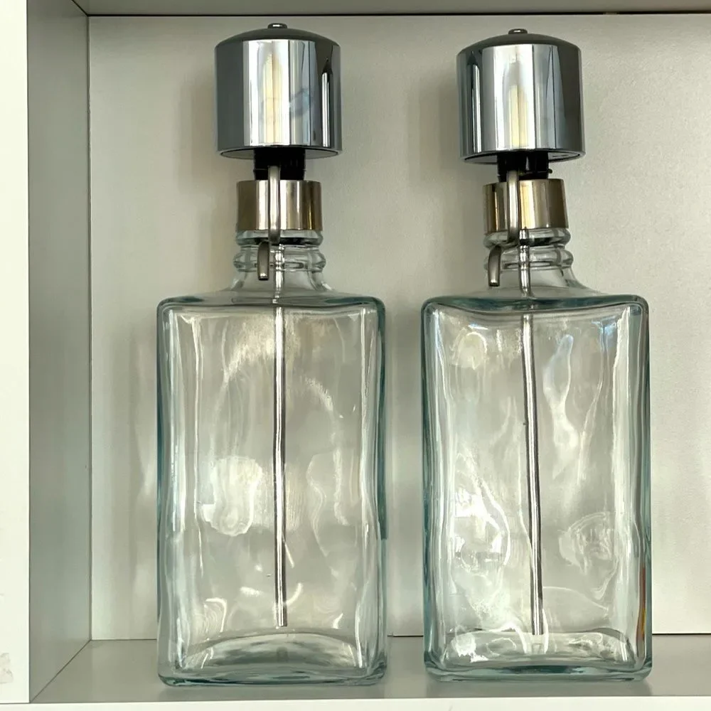 Crate & Barrel Barware Pump Top Liquor Decanters Set Of 2 Vodka & Bourbon